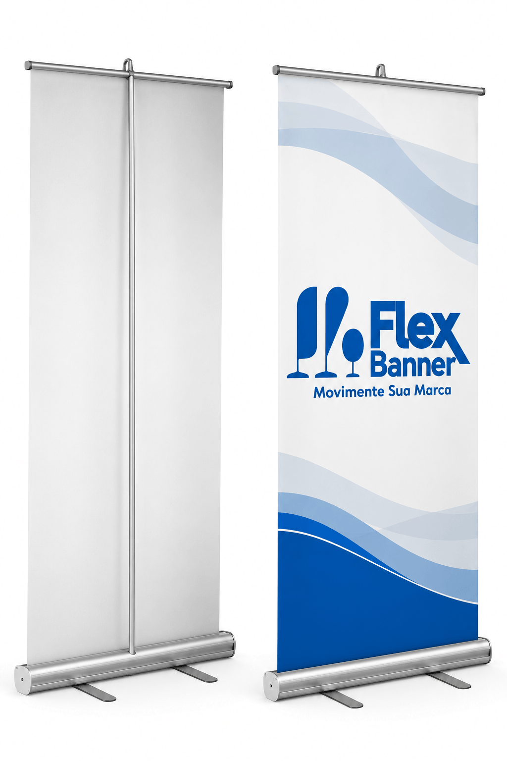 Estrutura de Banner Roll-Up FlexBanner com base retrátil e haste de sustentação